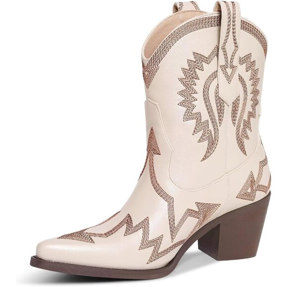 Women's Metallic Embroidered Pointed Toe Cowgirl Boots Chunky Heel Pull-On Khaki - Picture 1 of 6